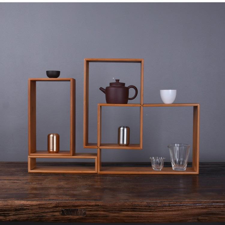 简约现代竹制博古架茶具架摆件实木小展示柜茶具茶杯收纳组合