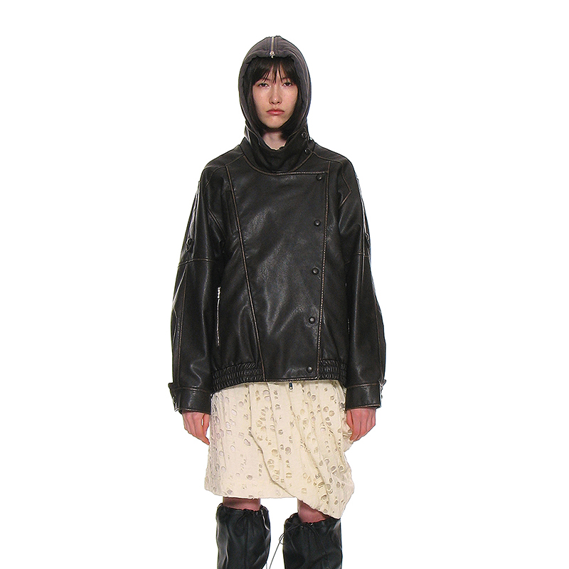 复古宽松机车风插肩袖立领皮衣