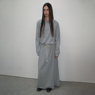 圆领罗纹收边棉质垂坠长裙PARTIMENTO宽松及地抽绳收腰长款 连衣裙