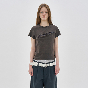 修身 斜拉链网眼叠层短袖 PARTIMENTO 韩国正品 圆领设计感上衣 T恤