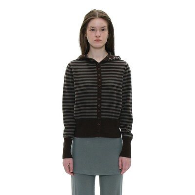 条纹短款修身连帽扣式开衫外套