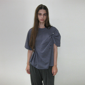 宽松圆领条纹短袖 可拆卸纽扣设计感上衣 PARTIMENTO T恤 韩国正品