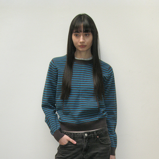 双面穿条纹圆领针织开衫 罗纹编织半高腰设计休闲毛衣 PARTIMENTO