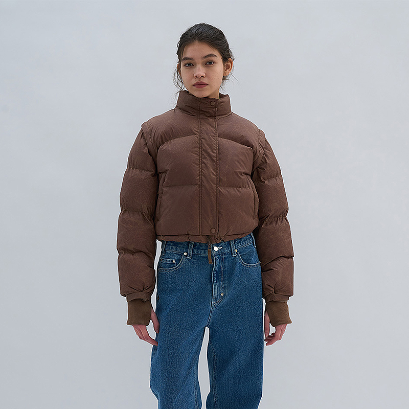 尼龙短款立领可卸袖羽绒服