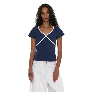 撞色边少女短袖 PARTIMENTO2025SS新款 T恤 韩国正品 日常纯色V领T恤