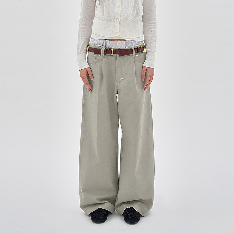 双腰头拼接撞色松弛设计感阔腿裤