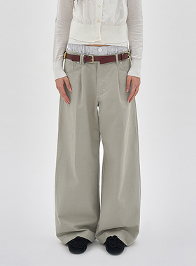 双腰头拼接撞色阔腿裤 韩国正品PARTIMENTO 松弛设计感调节扣长裤