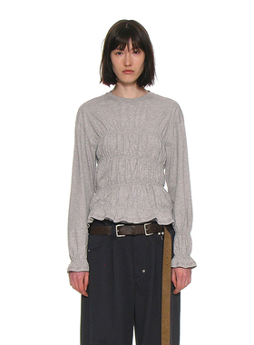 高弹褶饰圆领长袖T恤 韩国正品 PARTIMENTO 收腰显瘦小众气质上衣