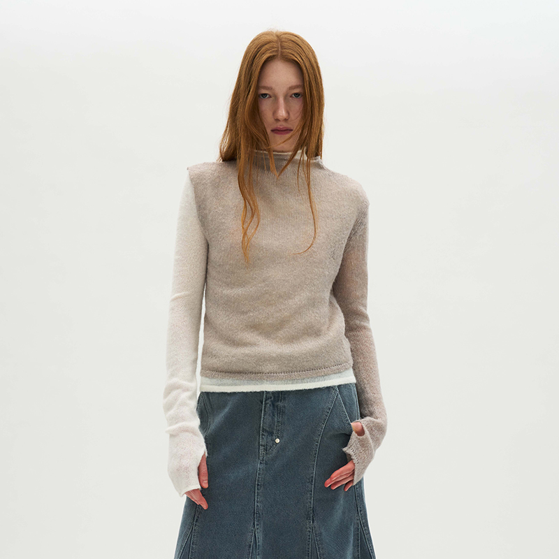 套头高领不规则两件套毛衣针织衫