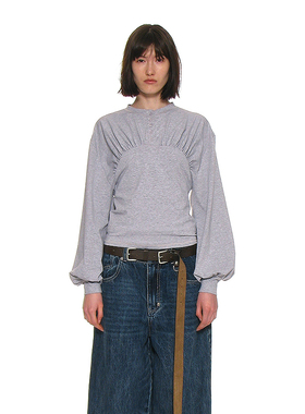 抽褶亨利领长袖T恤 韩国正品 PARTIMENTO 蓬松气球袖修身短款上衣