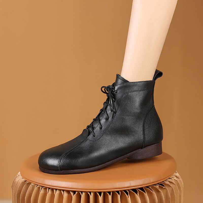 软底软面真皮平底短靴女妈妈皮鞋舒适高帮鞋中老人加绒系带棉鞋,女鞋,马丁靴,淘宝优惠券,粉丝福利购,淘宝优惠卷