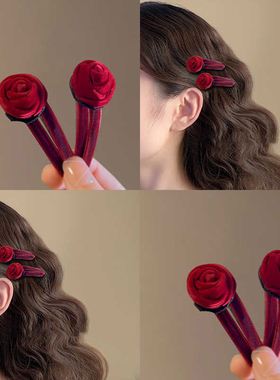 盛开玫瑰！红色丝绒小夹子！优雅浪漫少女前额刘海夹发卡发饰头饰