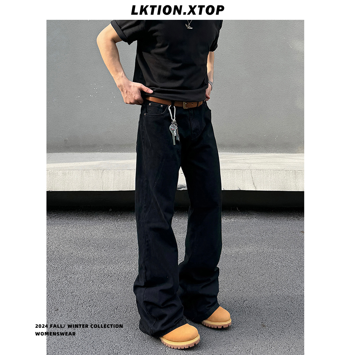 LK正品 巴黎bootcut黑色弯刀微喇牛仔裤美式复古做旧显瘦直筒裤子