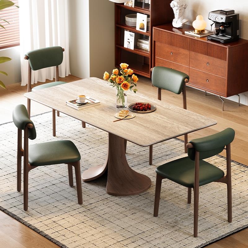 梵创 岩板实木餐桌长方形小户型现代简约全托哑光洞石岩板餐桌椅