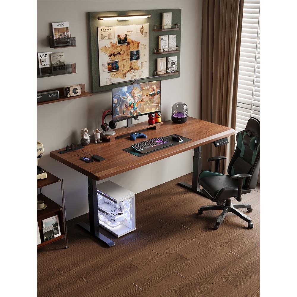 实木电动升降桌电脑台式桌家用书桌长条桌双人电竞桌大板办公桌