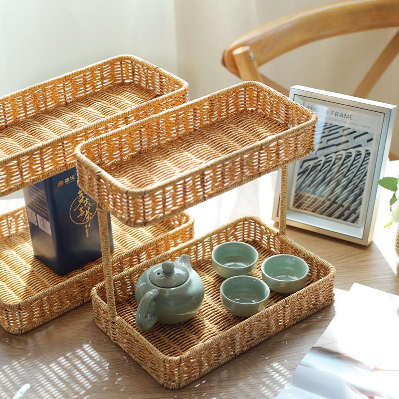 洗漱台桌面置物架仿藤编织 家用桌上杂物收纳架多层简易储物架子