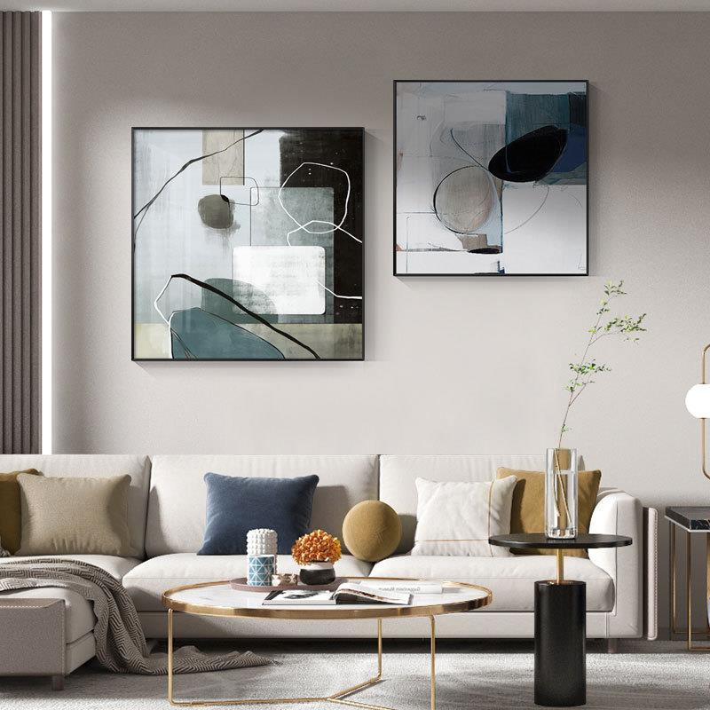 抽象客厅装饰画后现代沙发后面的挂画轻奢风格油画蓝灰色水墨壁画