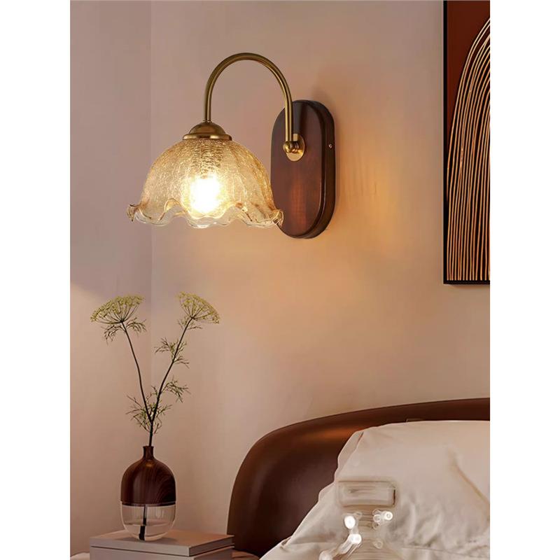 中古风卧室床头壁灯 美式复古客厅走廊过道实木民宿楼梯玻璃壁灯