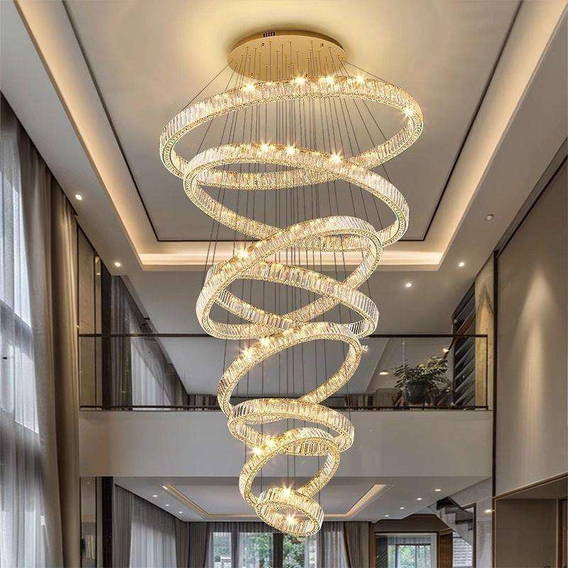 不锈钢水晶复式楼大吊灯客厅吊灯轻奢水晶灯大气别墅跃层挑空吊灯