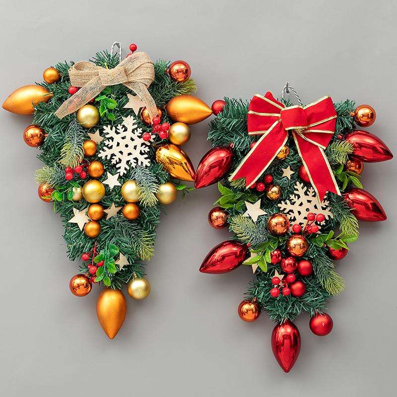 圣诞装饰倒挂树香槟色圣诞球藤枝墙挂橱窗场景布置蝴蝶结藤条门挂