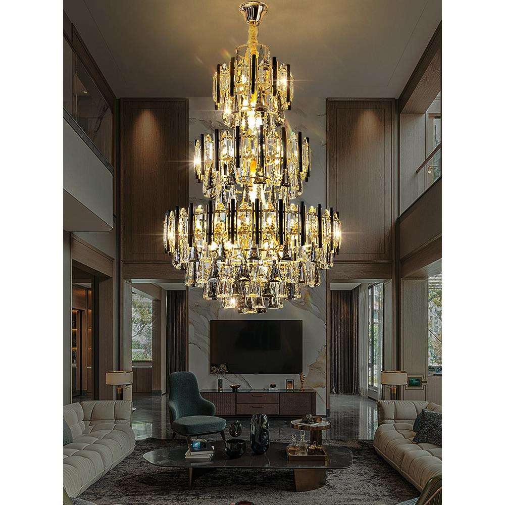 复式楼大吊灯别墅客厅灯楼中楼挑空简约后现代轻奢中空水晶长吊灯