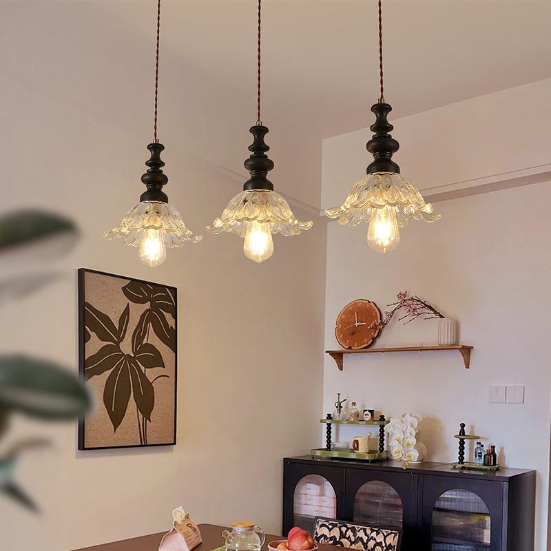 中古风餐厅吊灯个性创意美式复古风卧室床头实木玻璃灯罩艺术灯具