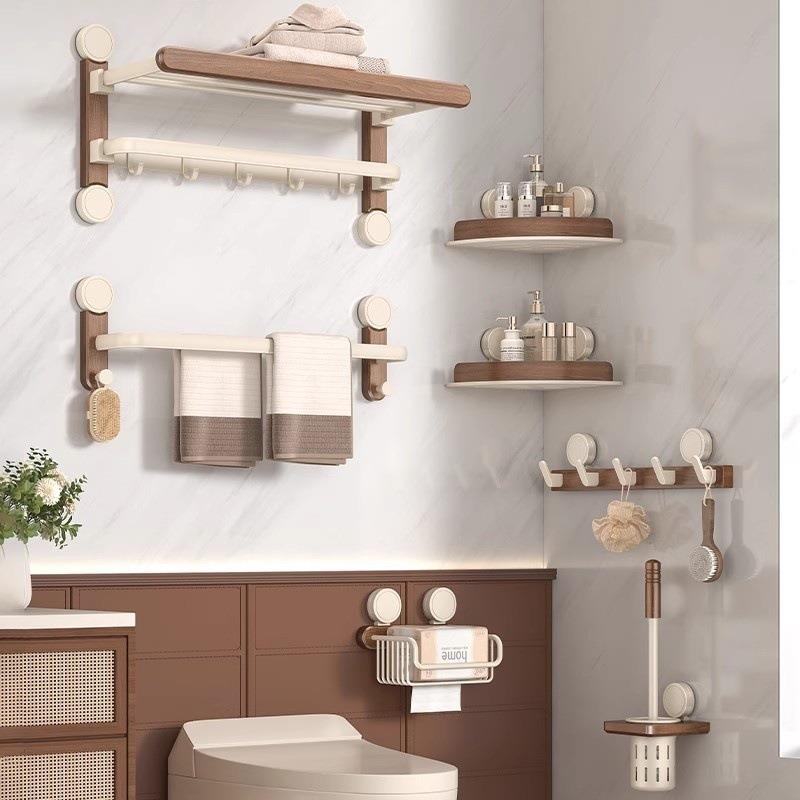 吸盘毛巾架卫生间免打孔挂杆浴室胡桃木置物架一体厕所收纳浴巾架