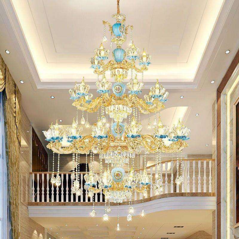 复式楼大吊灯欧式水晶吊灯客厅灯具新款陶瓷客厅灯楼中楼酒店别墅