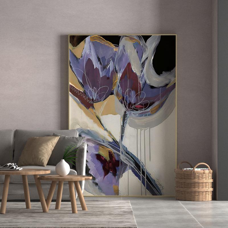 紫色抽象花朵肌理感入户玄关装饰画样板间客厅大尺寸巨幅落地挂画
