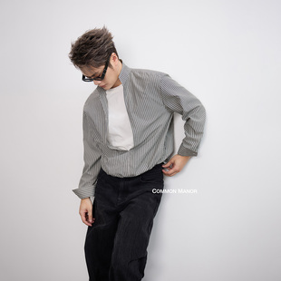 COM25AW【伦敦叠影假两件条纹衬衫】进口棉质拼莱赛尔宽松衬衫