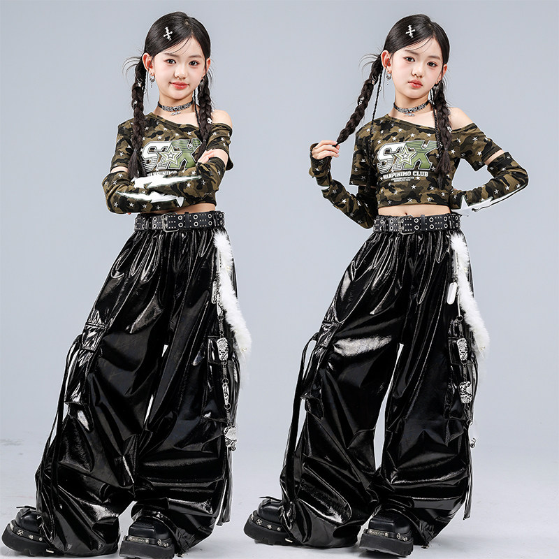 新款女童爵士舞迷彩皮裤演出套装