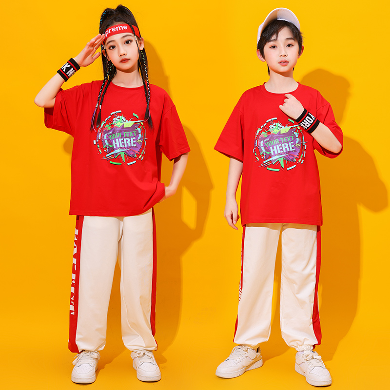 六一儿童啦啦队演出服红色T恤嘻哈街舞服装j男女童运动会毕业班服