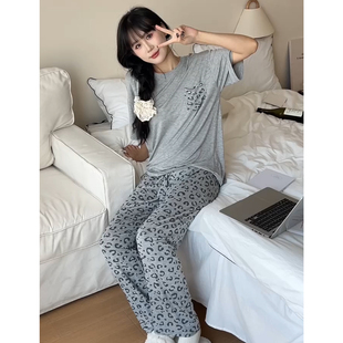 舒适亲肤柔软ins风居家慵懒随性 家居服套装 夏季 女短袖 豹纹长裤