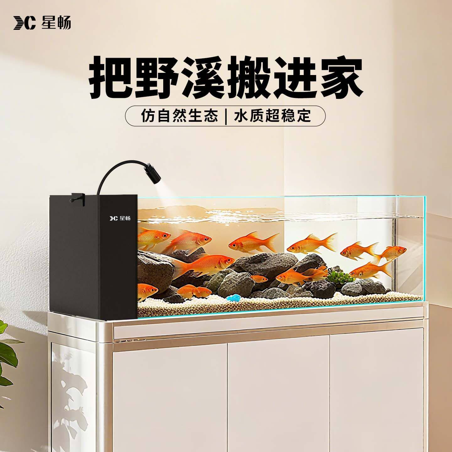 星畅溪流缸3.0桌面鱼缸金晶超白玻璃侧滤造景生态制氧过滤一体机