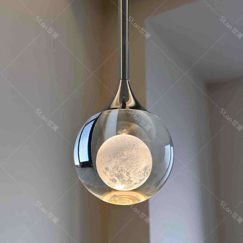 ??卧室床头吊灯创意艺术月球小吊灯轻奢感水晶吊线灯入户玄关