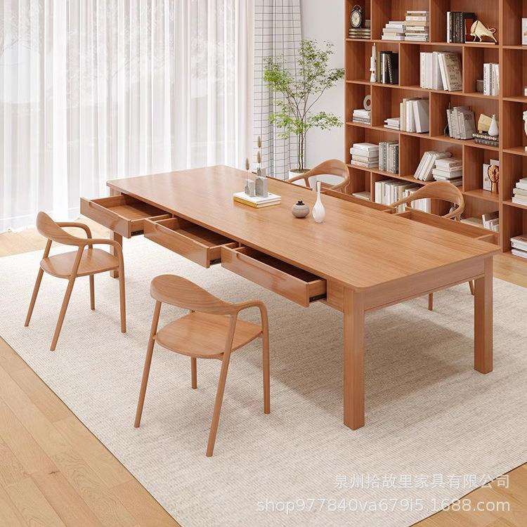简约客厅多人实木办公桌休闲工作台带抽屉学习桌休闲区办公长桌子