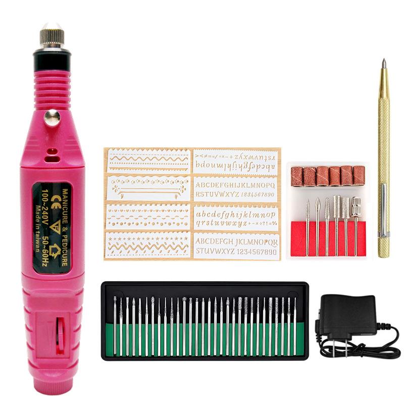 跨境迷你电动调速雕刻笔美甲工具电磨机电钻刻字划线图案模板53PC