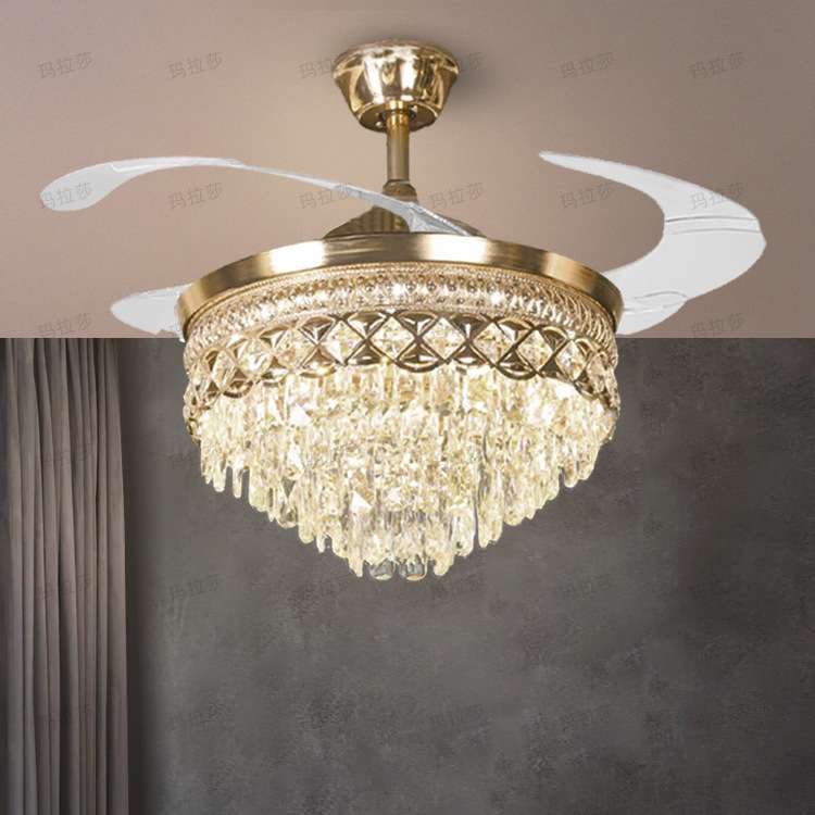 跨境美式led客厅水晶风扇灯 餐厅隐形吊扇灯卧室轻奢复古风扇吊灯