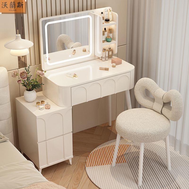 奶油风梳妆台卧室现代简约小户型化妆桌床头收纳斗柜镜子书桌一体