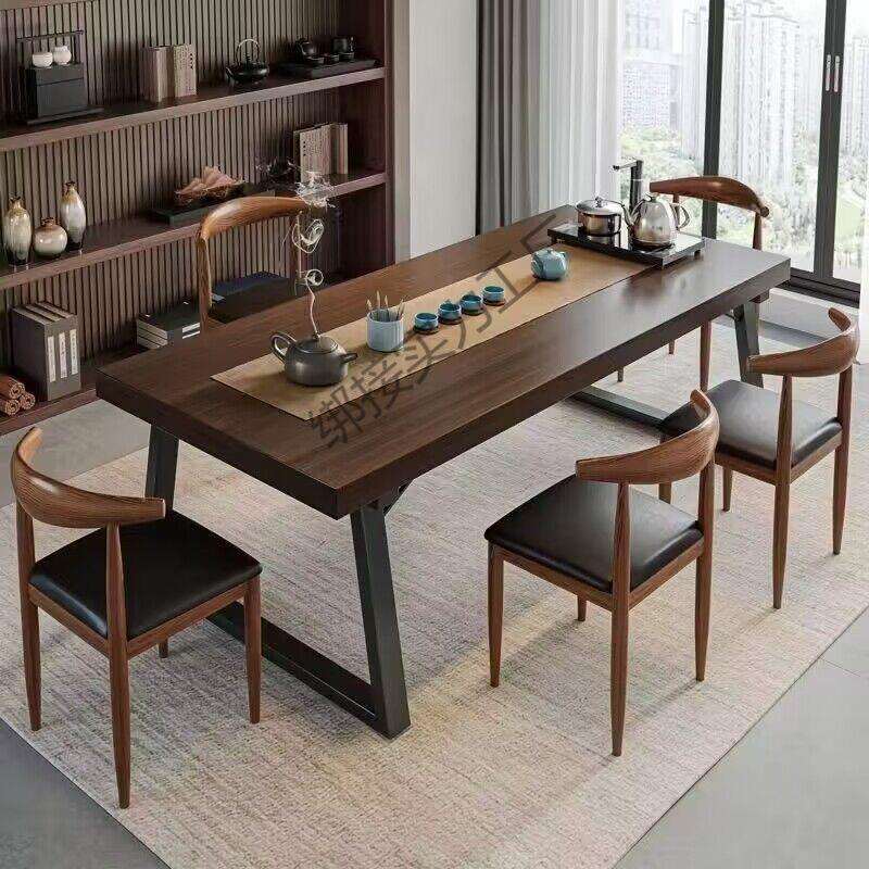 实木色茶桌椅组合一桌五椅喝茶桌新中式商谈办公大板泡茶桌茶几桌