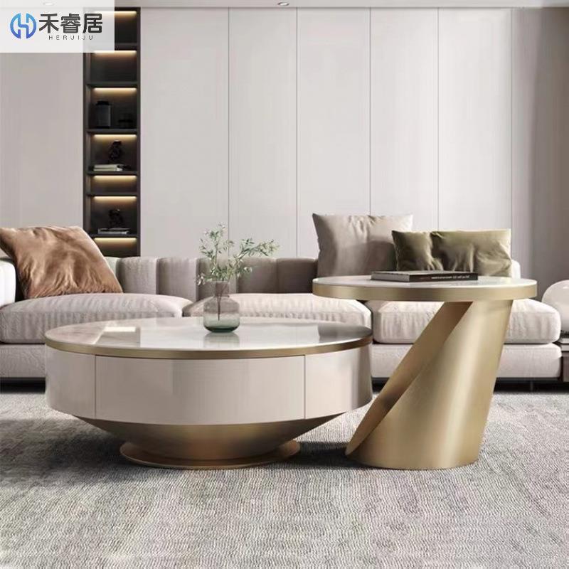 轻奢不锈钢岩板圆形茶几组合带抽屉大小户型客厅现代家用茶几简约