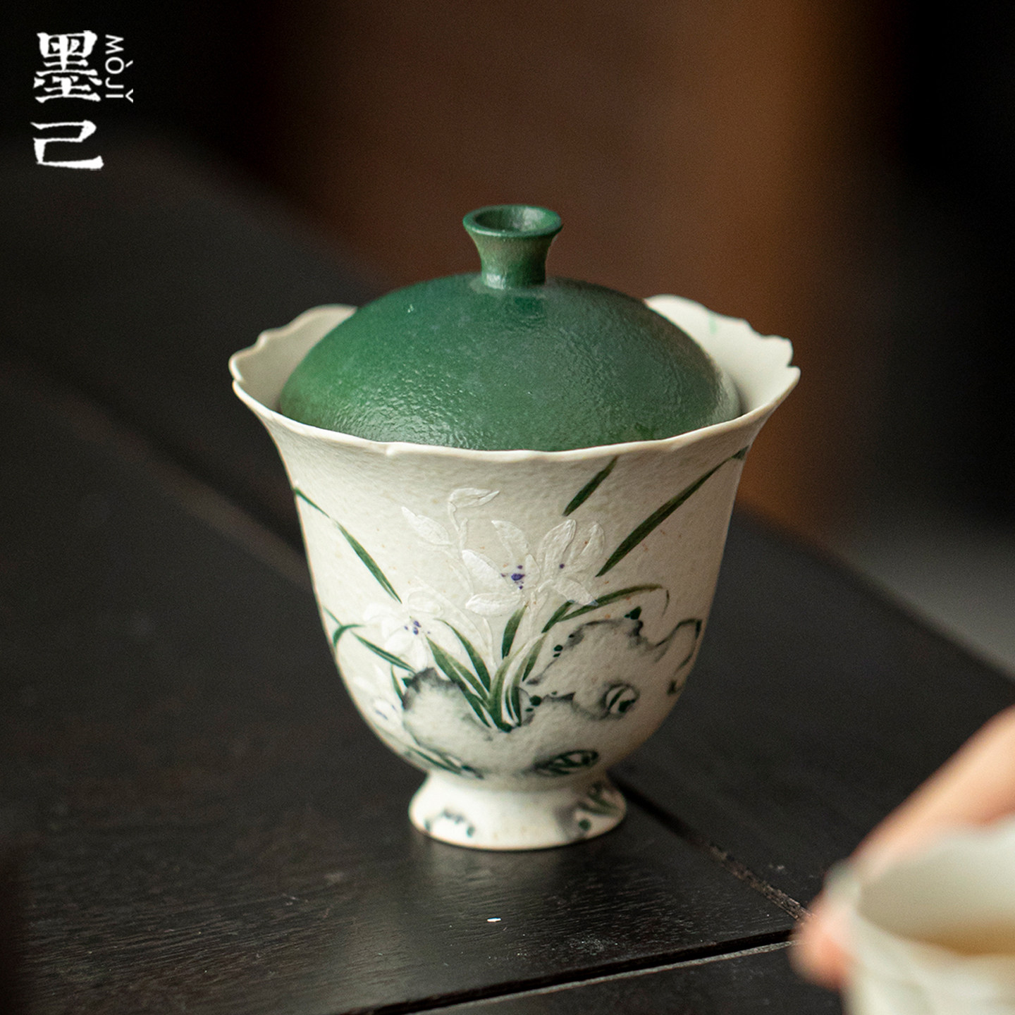 青己火石红彷古手绘兰花陶瓷盖碗功夫茶具高足花口家用泡茶碗盖碗