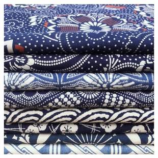 极速蓝染印花布h植物染拔染型染蜡染服装面料手工diy纯棉日本古布