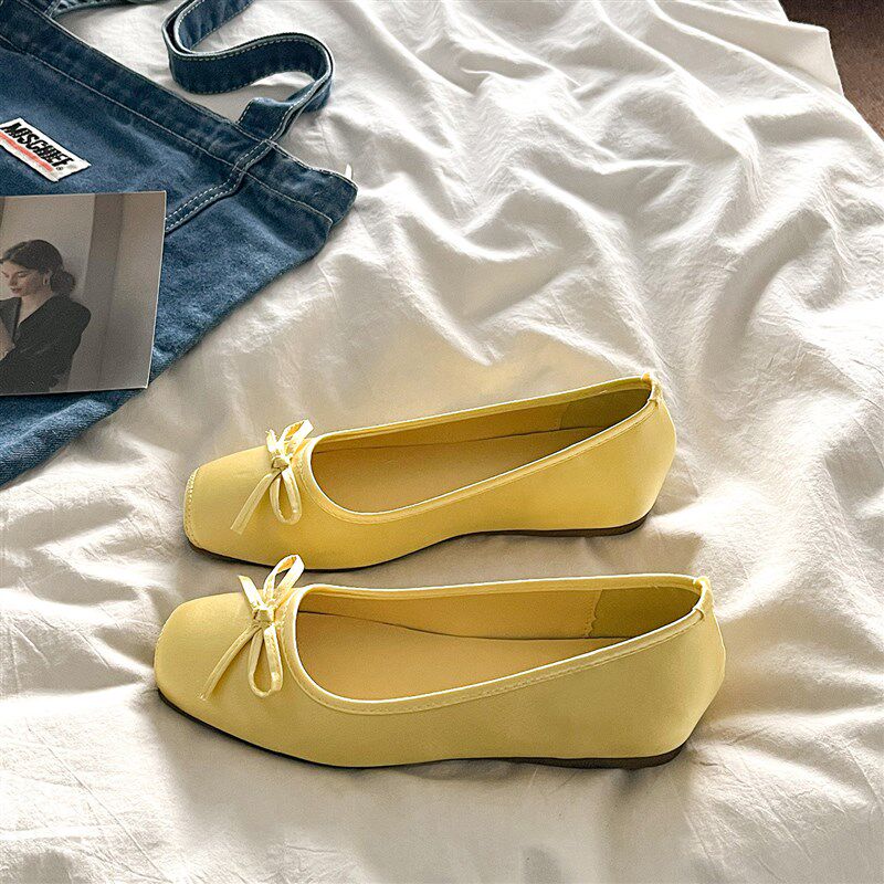 新品蓝色温柔芭蕾风浅口单鞋女2026春季新款P甜美蝴蝶结方头内增