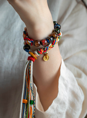 极速香灰琉c璃手串手工编织藏式五彩红手绳双圈新中式手链男女情