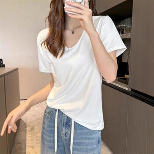 慵懒V领宽松T恤女正肩大领口舒适显瘦内搭上衣夏季 基础款 白色短袖
