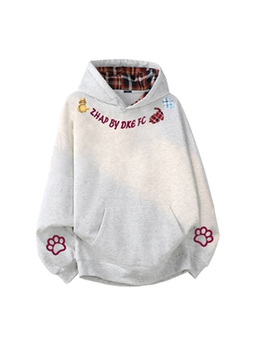 ZHAP重磅格子连帽卫衣女秋冬款花灰色美式复古ins通勤加绒加厚潮