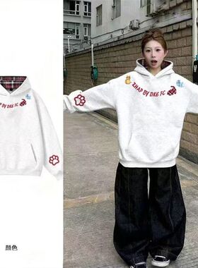 ZHAP重磅格子连帽卫衣女秋冬款花灰色ins风爆款通勤日系加绒加厚