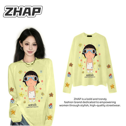 ZHAP夏季薄款长袖小玉印花T恤