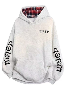 ZHAP重磅拼接格子连帽卫衣女秋冬款白灰色美式高街风加绒加厚上衣